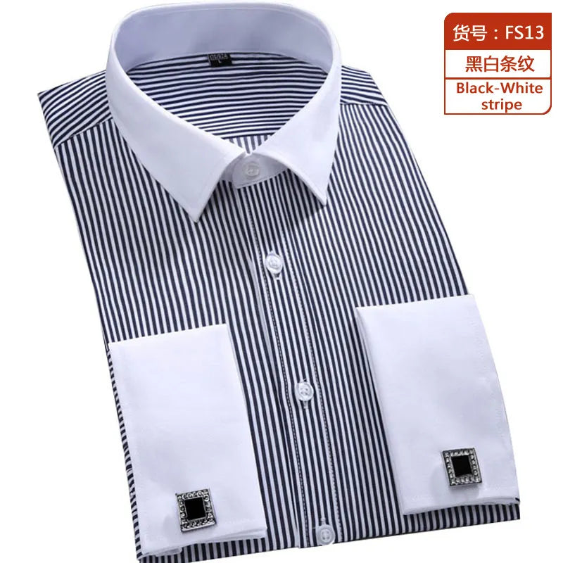 M~6XL Men's French Cuff Dress Shirt 2023 New White Long Sleeve Formal Business Buttons Male Shirts Regular Fit Cufflinks Shirt