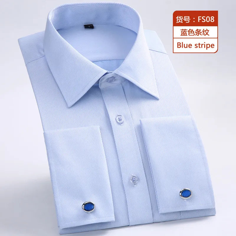 M~6XL Men's French Cuff Dress Shirt 2023 New White Long Sleeve Formal Business Buttons Male Shirts Regular Fit Cufflinks Shirt