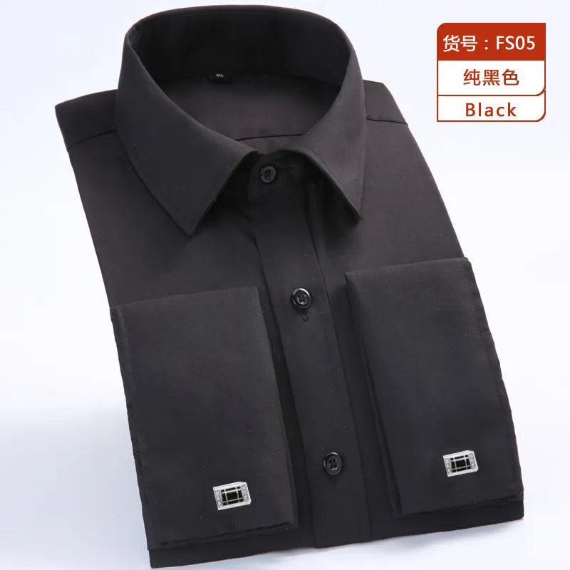 M~6XL Men's French Cuff Dress Shirt 2023 New White Long Sleeve Formal Business Buttons Male Shirts Regular Fit Cufflinks Shirt