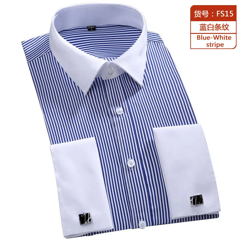 M~6XL Men's French Cuff Dress Shirt 2023 New White Long Sleeve Formal Business Buttons Male Shirts Regular Fit Cufflinks Shirt