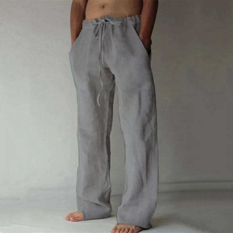 Casual Men's Cotton Linen Pants Fashion Solid Pocket Drawstring Baggy Trousers Comfort Loose Wide Leg Pant Streetwear Sweatpants