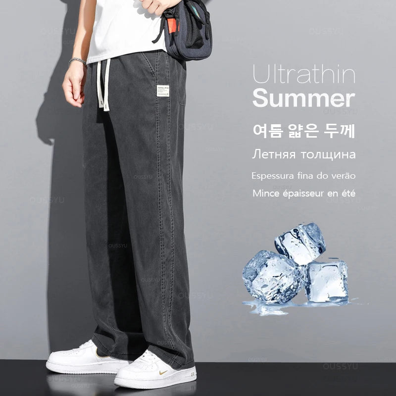 Brand Clothing Soft Lyocell Fabric Men's Jeans Loose Straight Pants Drawstring Elastic Waist Korea Casual Trousers Plus Size 5XL