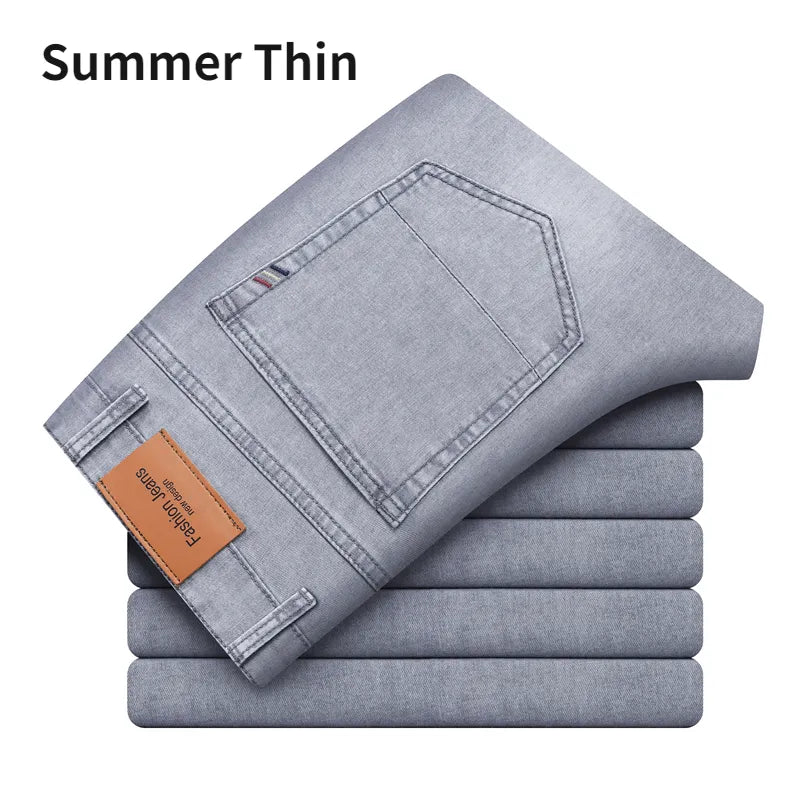 2023 Brand Thin or Thick Material Straight Cotton Stretch Denim Men's  Business Casual High Waist Light Grey Blue Jeans