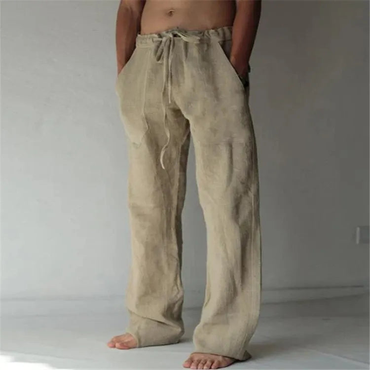 Casual Men's Cotton Linen Pants Fashion Solid Pocket Drawstring Baggy Trousers Comfort Loose Wide Leg Pant Streetwear Sweatpants