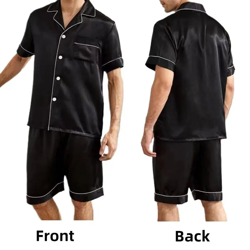 Men Pajamas Set Sleepwear Nightclothes Black Gray XXL 3XL 4XL Shirts Shorts Smooth Ice Silk Solid Color Casual Comfort