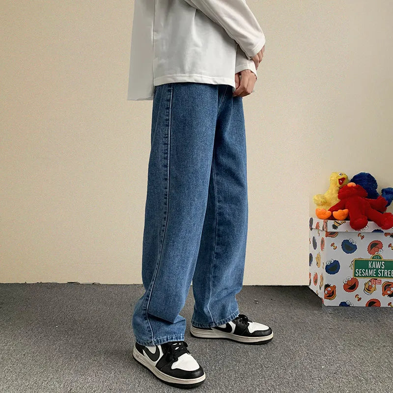 2023 Spring New Streetwear Baggy Jeans Men Korean Fashion Loose Straight Wide Leg Pants Male Brand Clothing Black Light Blue