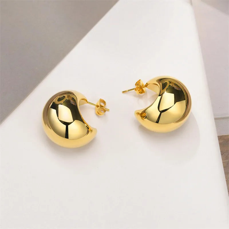 Vintage Gold Color Plated Chunky Dome Drop Earrings for Women Glossy Stainless Steel Thick Teardrop Earring Jewelry Wholesale