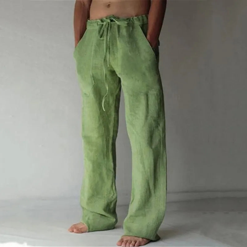 Casual Men's Cotton Linen Pants Fashion Solid Pocket Drawstring Baggy Trousers Comfort Loose Wide Leg Pant Streetwear Sweatpants