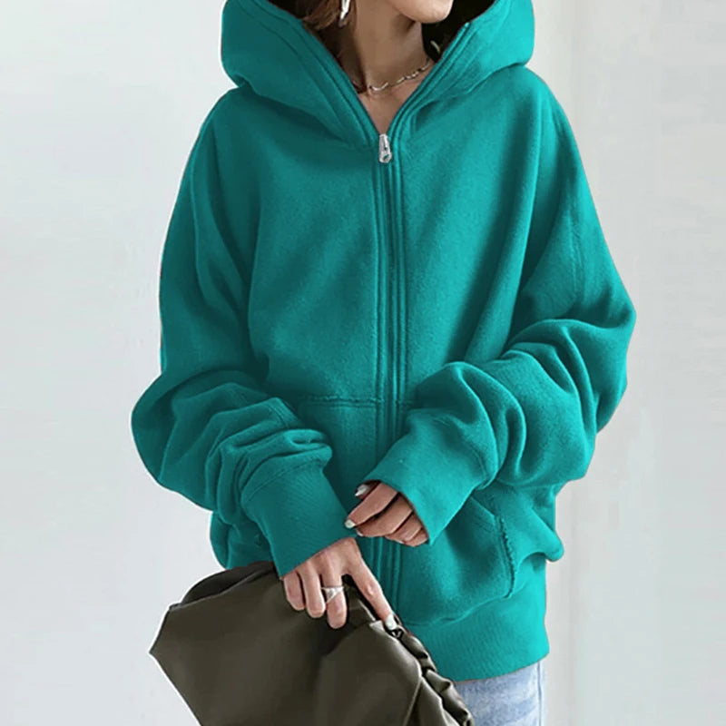 Harajuku Zippper Up Loose Oversized Sweatshirts Women Hoodies Sweatshirt Casual Solid Color Long Sleeve Sweater Coats