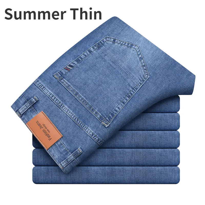 2023 Brand Thin or Thick Material Straight Cotton Stretch Denim Men's  Business Casual High Waist Light Grey Blue Jeans