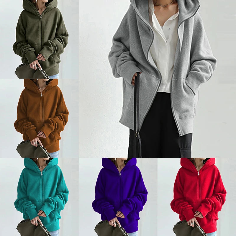 Harajuku Zippper Up Loose Oversized Sweatshirts Women Hoodies Sweatshirt Casual Solid Color Long Sleeve Sweater Coats