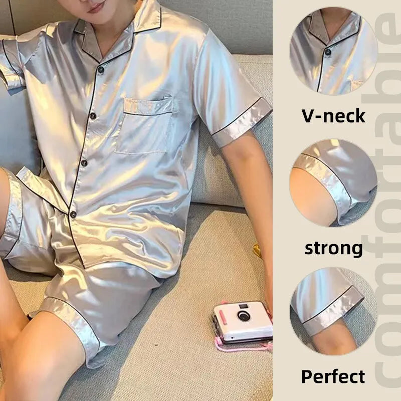 Men Pajamas Set Sleepwear Nightclothes Black Gray XXL 3XL 4XL Shirts Shorts Smooth Ice Silk Solid Color Casual Comfort