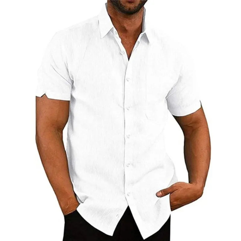 Summer Cotton Linen Shirts For Men Casual Short Sleeved Shirts Blouses Solid Turn-Down Collar Formal Beach Shirts Male Clothing