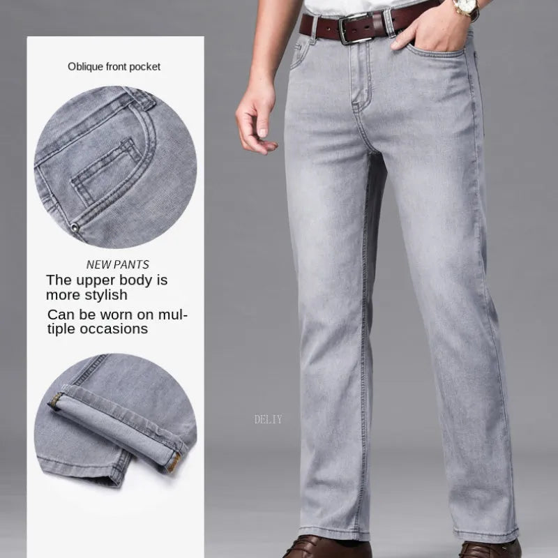 2023 Brand Thin or Thick Material Straight Cotton Stretch Denim Men's  Business Casual High Waist Light Grey Blue Jeans