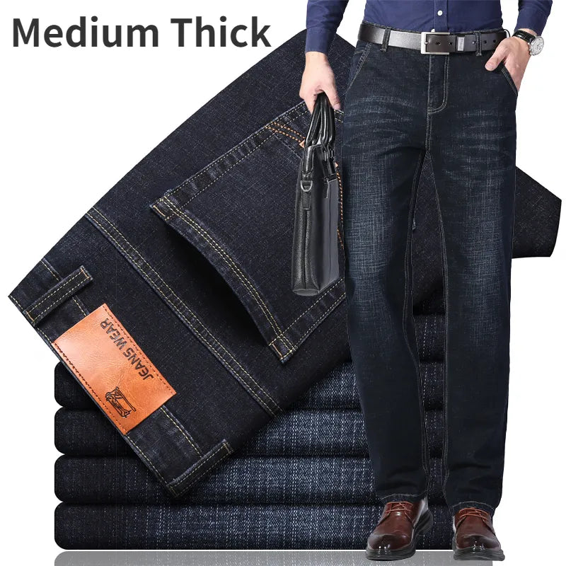 2023 Brand Thin or Thick Material Straight Cotton Stretch Denim Men's  Business Casual High Waist Light Grey Blue Jeans