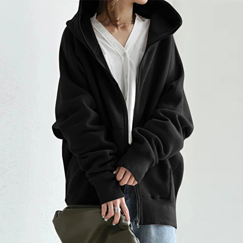 Harajuku Zippper Up Loose Oversized Sweatshirts Women Hoodies Sweatshirt Casual Solid Color Long Sleeve Sweater Coats