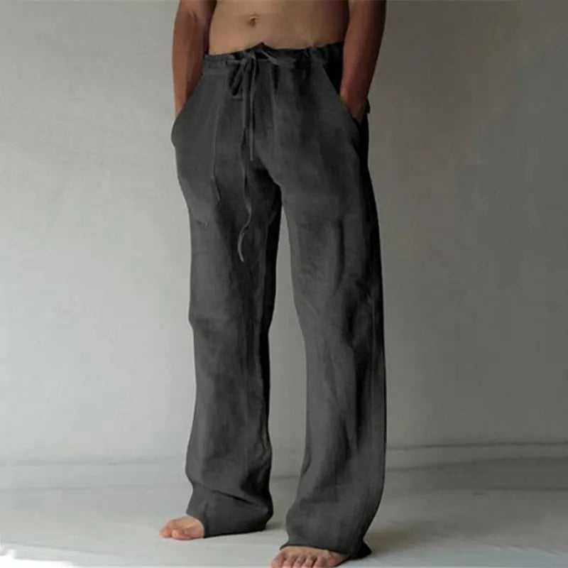 Casual Men's Cotton Linen Pants Fashion Solid Pocket Drawstring Baggy Trousers Comfort Loose Wide Leg Pant Streetwear Sweatpants