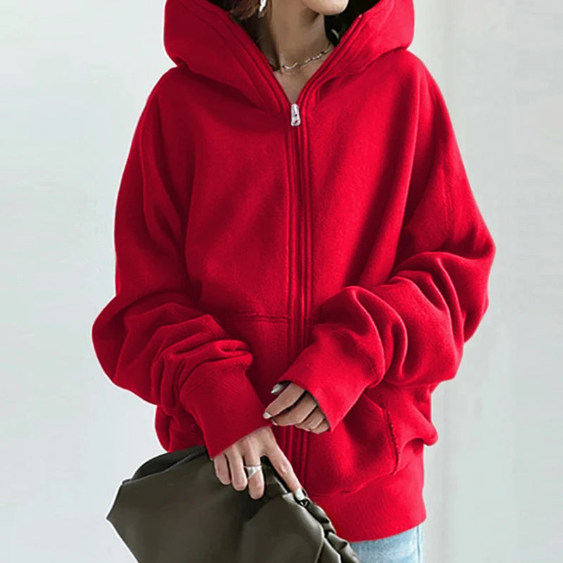 Harajuku Zippper Up Loose Oversized Sweatshirts Women Hoodies Sweatshirt Casual Solid Color Long Sleeve Sweater Coats