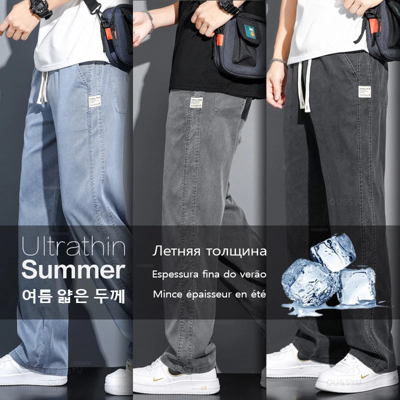 Brand Clothing Soft Lyocell Fabric Men's Jeans Loose Straight Pants Drawstring Elastic Waist Korea Casual Trousers Plus Size 5XL