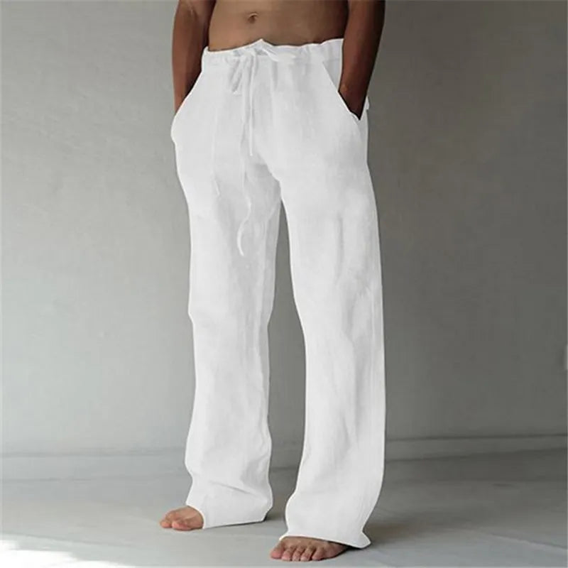 Casual Men's Cotton Linen Pants Fashion Solid Pocket Drawstring Baggy Trousers Comfort Loose Wide Leg Pant Streetwear Sweatpants