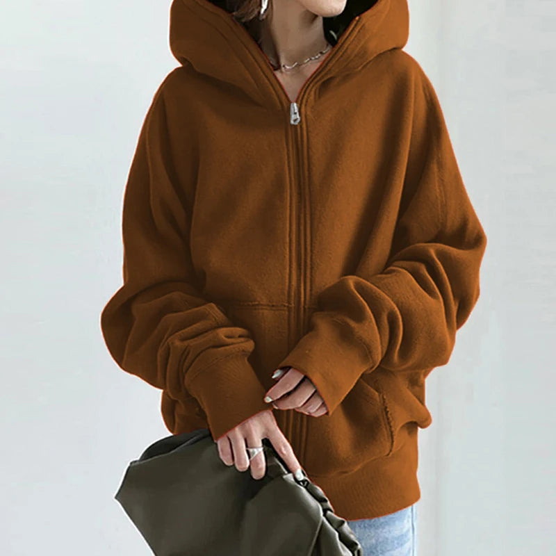 Harajuku Zippper Up Loose Oversized Sweatshirts Women Hoodies Sweatshirt Casual Solid Color Long Sleeve Sweater Coats