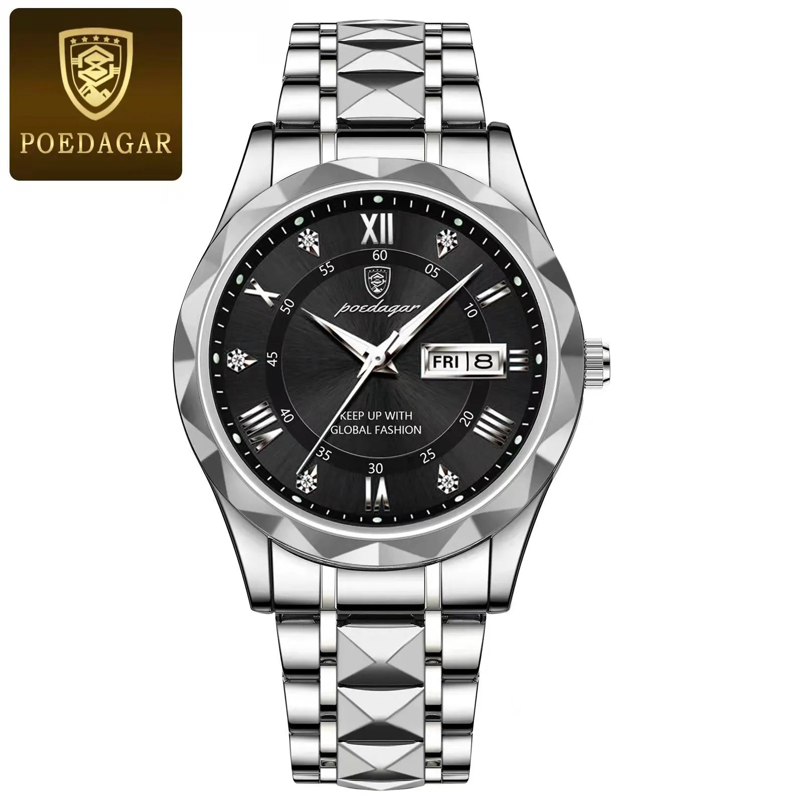 POEDAGAR Top Brand Luxury Man Wristwatch Waterproof Luminous Date Week Men Watches Stainless Steel Quartz Men's Watch Male reloj