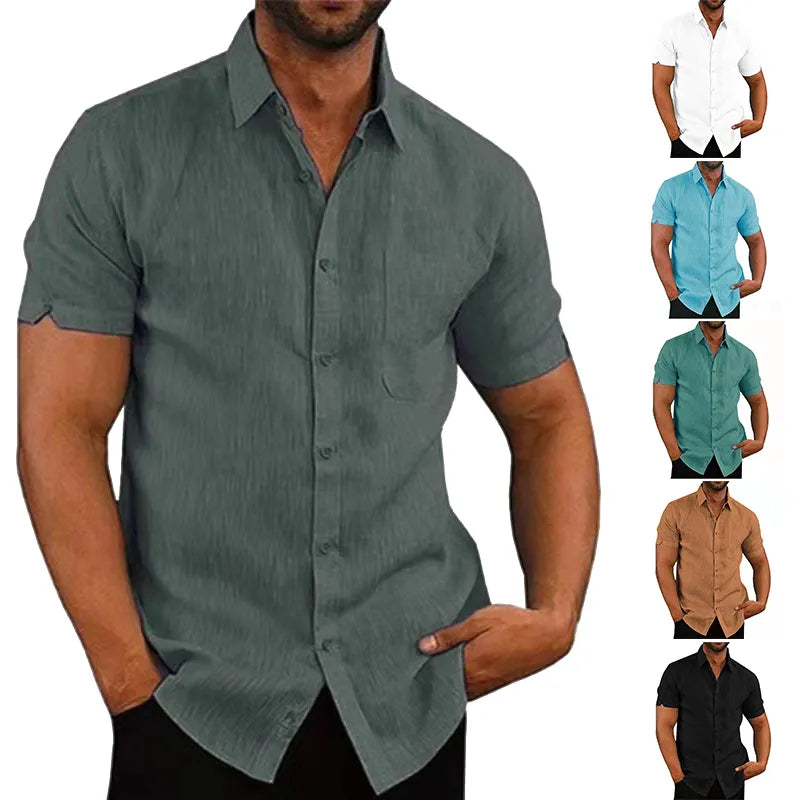 Summer Cotton Linen Shirts For Men Casual Short Sleeved Shirts Blouses Solid Turn-Down Collar Formal Beach Shirts Male Clothing