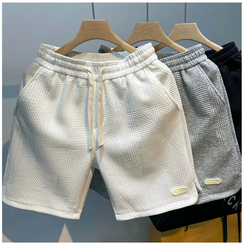 Summer Running Shorts Men Casual Jogging Sport Short Pants Wave Pattern Solid Color Drawstring Loose Dry Gym Sports Shorts